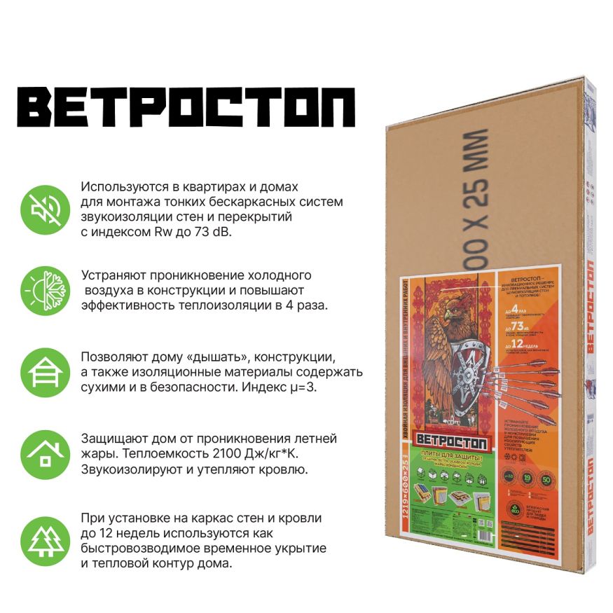 Ветрозащитная шумоизолирующая панель ВЕТРОСТОП 1200х581х25 мм (2,09 м²) купить в Сочи